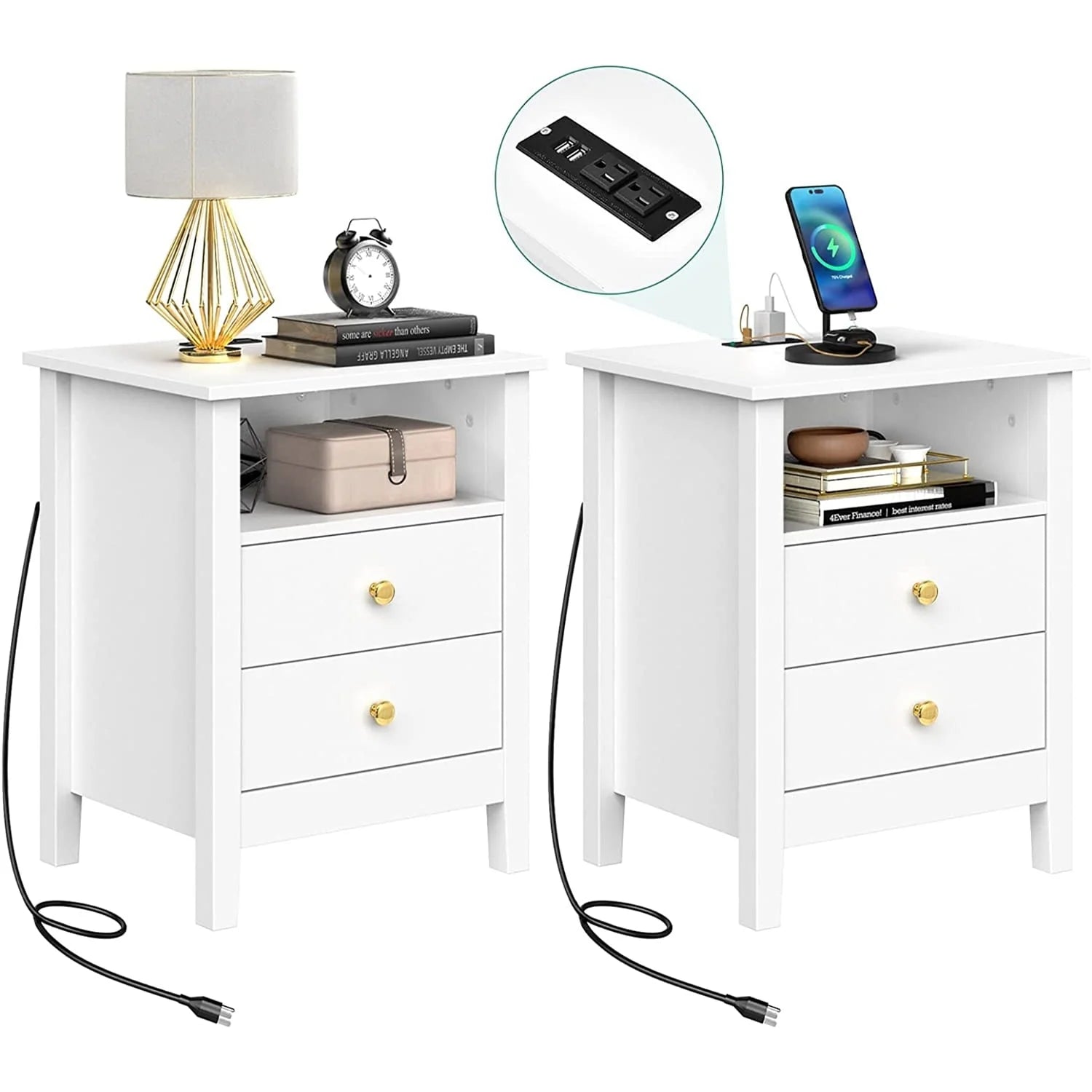 Tables de chevet (lot de 2) avec station de charge, table d'appoint avec 2 tiroirs, ports USB et prises, pour chambre à coucher