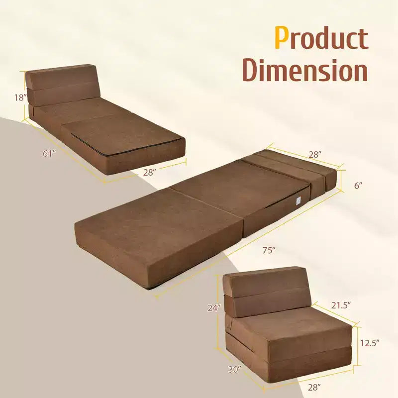 Costway Chaise longue convertible pliable trois volets, Lit banquette, Canapé pour dortoir, Marron
