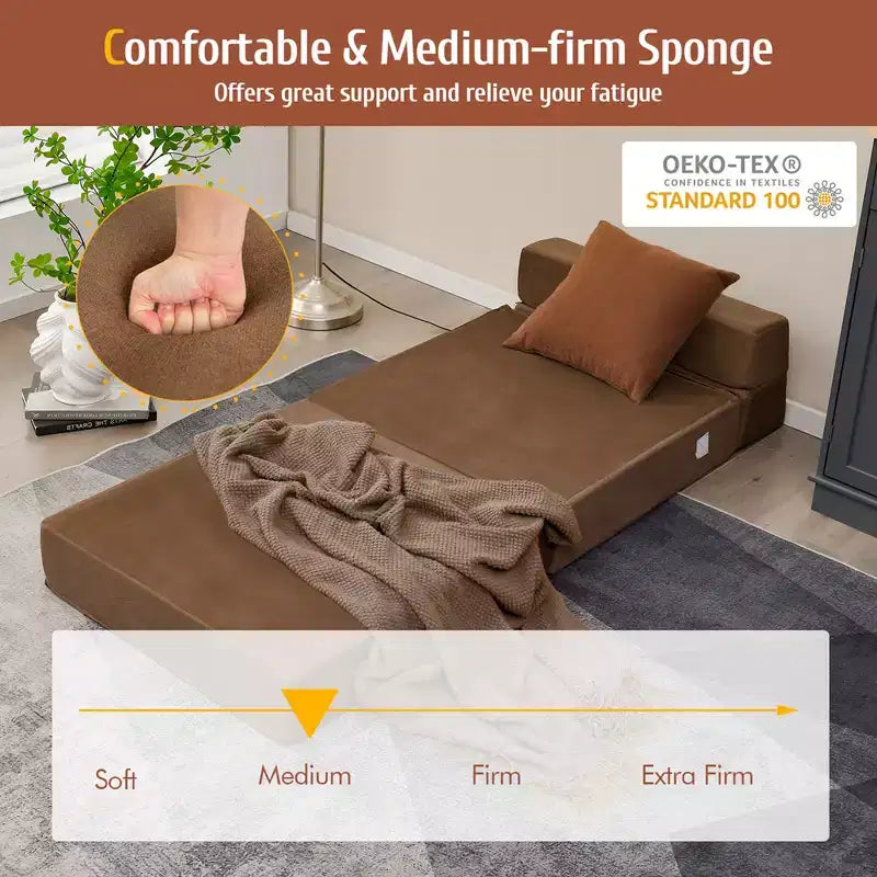 Costway Chaise longue convertible pliable trois volets, Lit banquette, Canapé pour dortoir, Marron