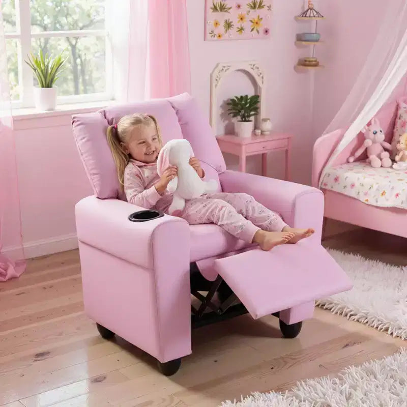 Fauteuil inclinable pour enfants Costway, canapé pour enfants avec porte-gobelet, rose