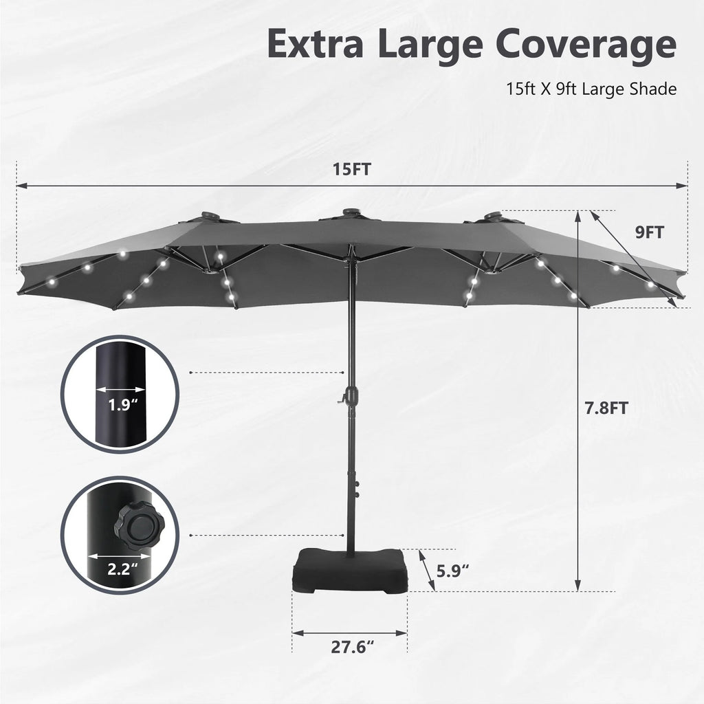 MAISON ARTS Parasol excentré rectangulaire de 4,5 m avec manivelle, parasol de marché double face d'extérieur avec lumières LED solaires et base incluse