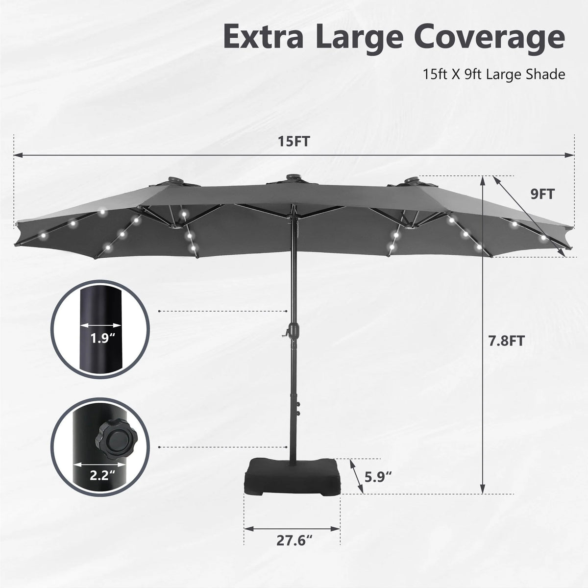 MAISON ARTS Parasol excentré rectangulaire de 4,5 m avec manivelle, parasol de marché double face d'extérieur avec lumières LED solaires et base incluse