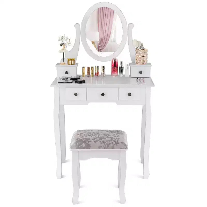 Table de Maquillage Costway Coiffeuse Ovale avec Tabouret et 5 Tiroirs de Rangement