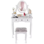Table de Maquillage Costway Coiffeuse Ovale avec Tabouret et 5 Tiroirs de Rangement