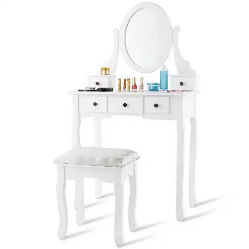 Table de Maquillage Costway Coiffeuse Ovale avec Tabouret et 5 Tiroirs de Rangement