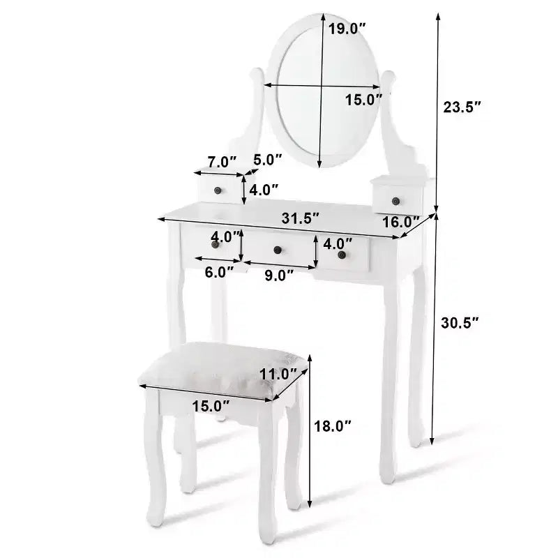 Table de Maquillage Costway Coiffeuse Ovale avec Tabouret et 5 Tiroirs de Rangement