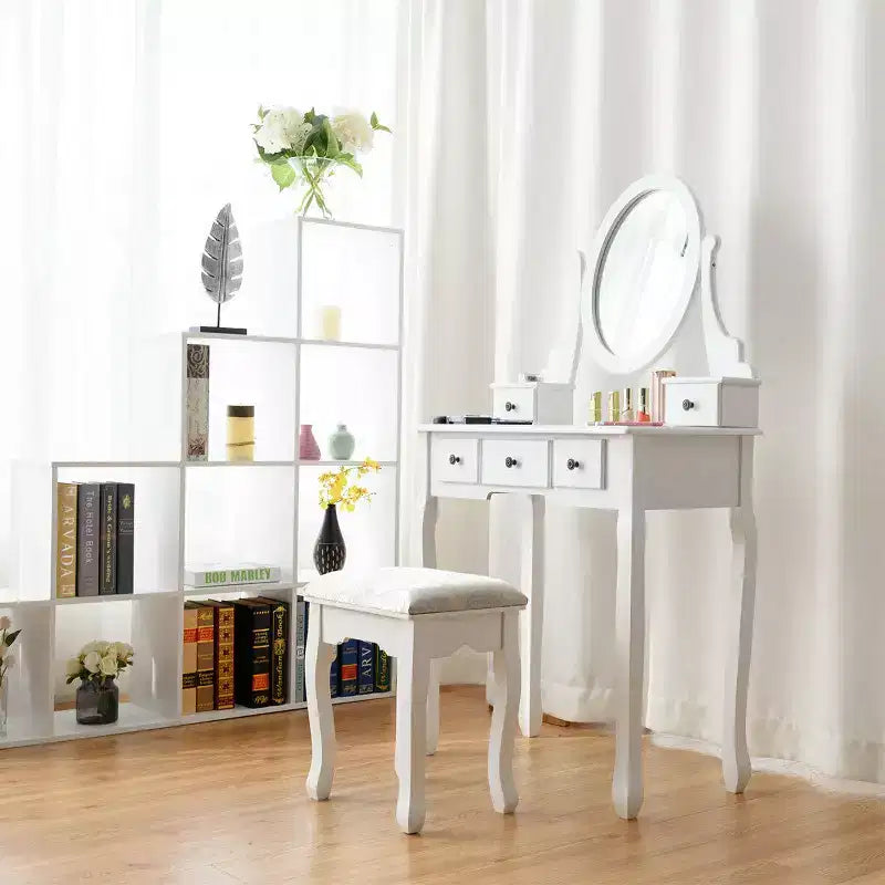 Table de Maquillage Costway Coiffeuse Ovale avec Tabouret et 5 Tiroirs de Rangement