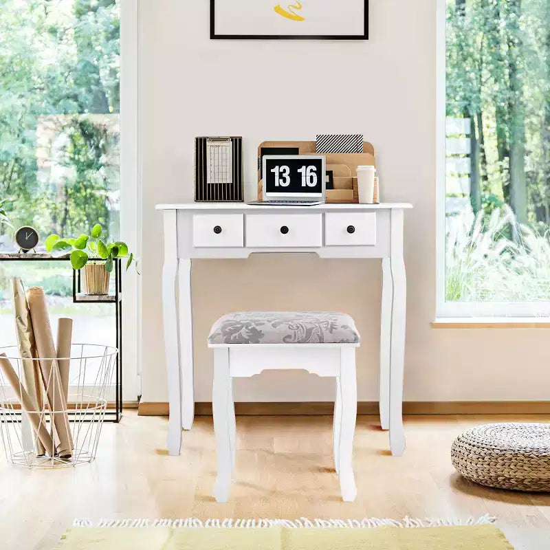 Table de Maquillage Costway Coiffeuse Ovale avec Tabouret et 5 Tiroirs de Rangement