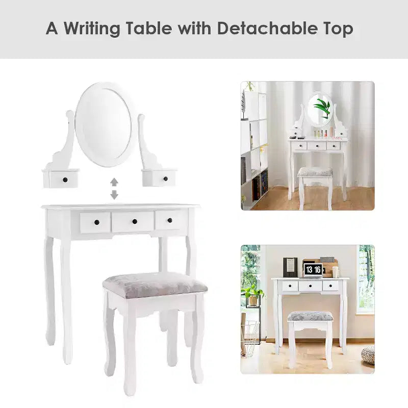 Table de Maquillage Costway Coiffeuse Ovale avec Tabouret et 5 Tiroirs de Rangement