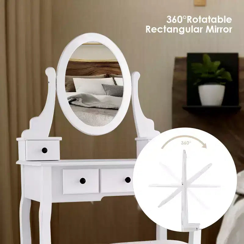 Table de Maquillage Costway Coiffeuse Ovale avec Tabouret et 5 Tiroirs de Rangement