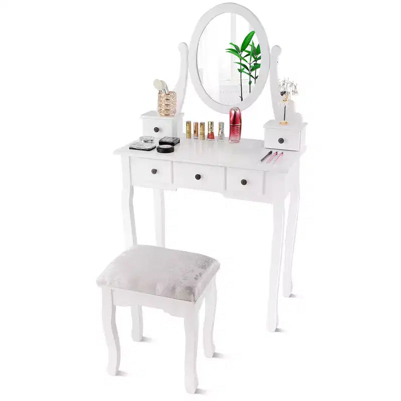 Table de Maquillage Costway Coiffeuse Ovale avec Tabouret et 5 Tiroirs de Rangement
