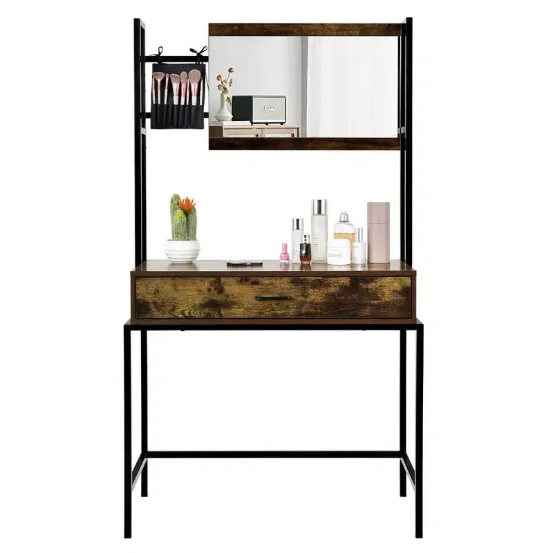 Coiffeuse industrielle Costway avec miroir réglable sur 3 hauteurs, sac de rangement et grand tiroir