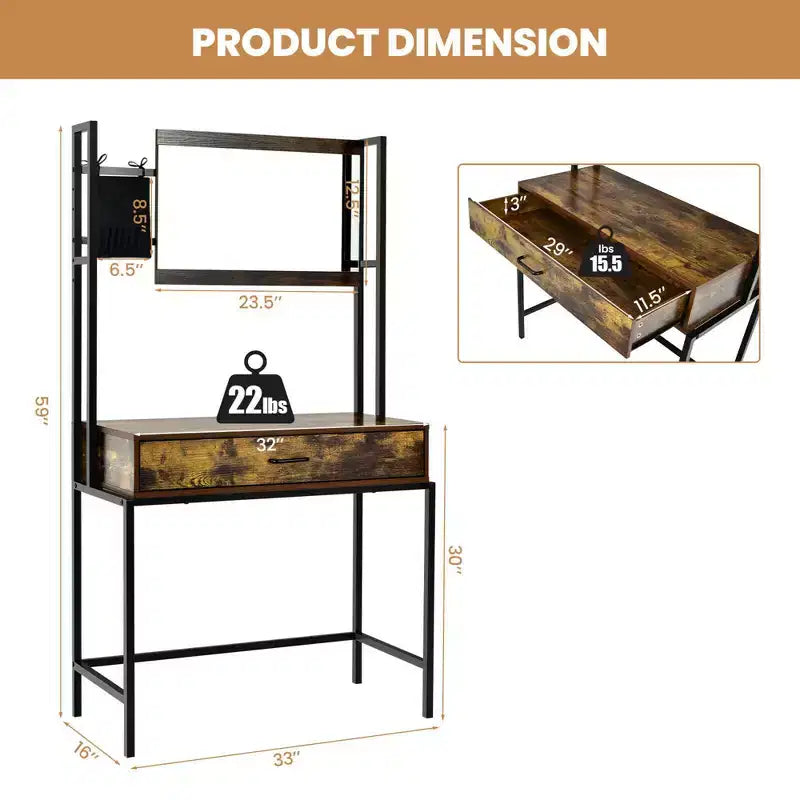 Coiffeuse industrielle Costway avec miroir réglable sur 3 hauteurs, sac de rangement et grand tiroir