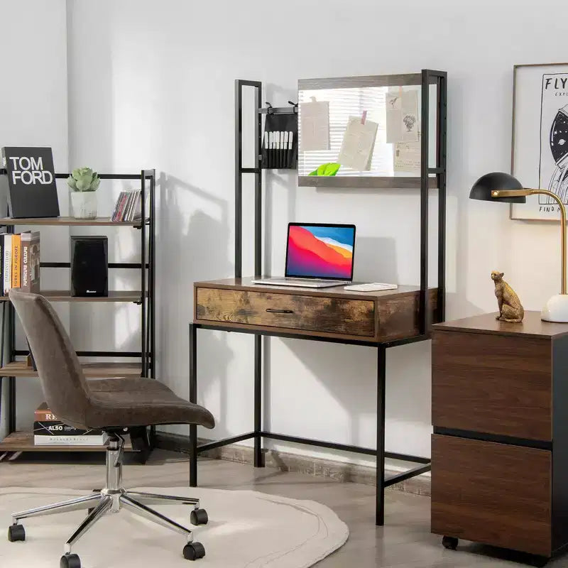 Coiffeuse industrielle Costway avec miroir réglable sur 3 hauteurs, sac de rangement et grand tiroir