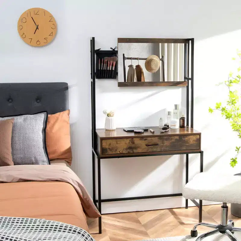 Coiffeuse industrielle Costway avec miroir réglable sur 3 hauteurs, sac de rangement et grand tiroir