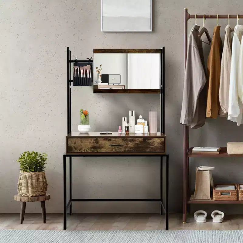 Coiffeuse industrielle Costway avec miroir réglable sur 3 hauteurs, sac de rangement et grand tiroir