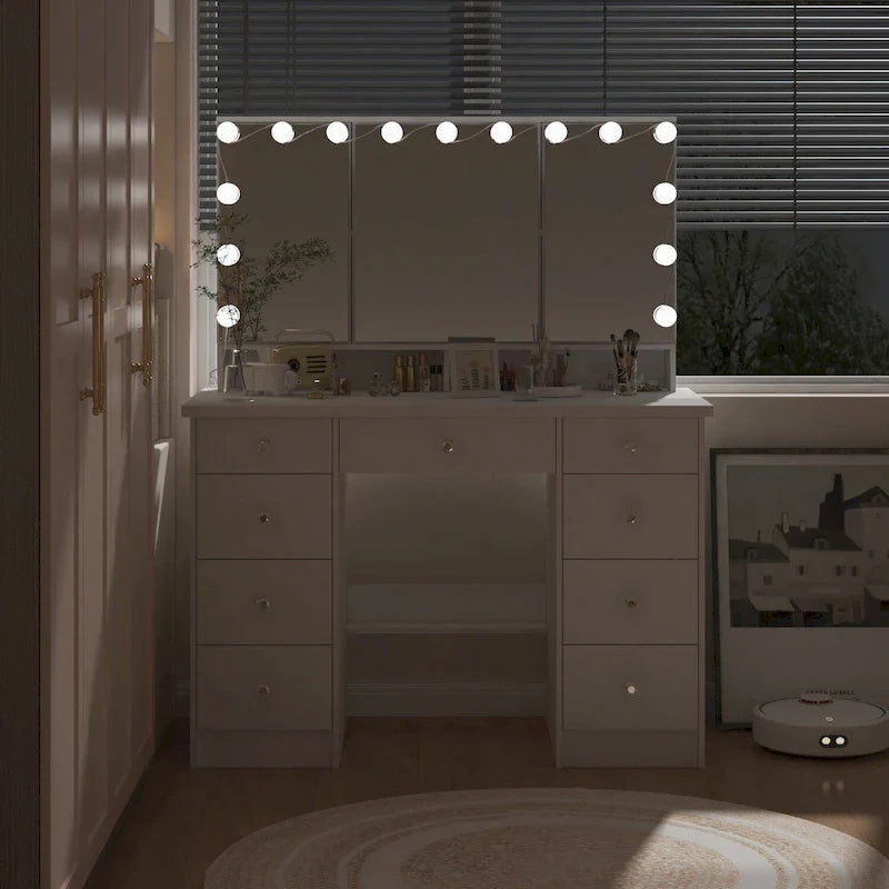 Coiffeuse LED de luxe avec 9 tiroirs, station de maquillage élégante