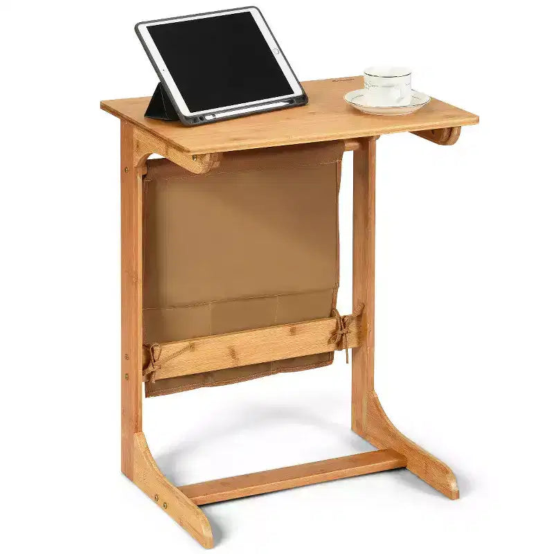 Costway Table d'appoint canapé en bambou, bureau d'ordinateur portable, table basse de collation, table de chevet avec sac de rangement