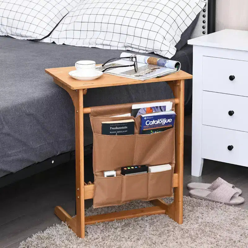 Costway Table d'appoint canapé en bambou, bureau d'ordinateur portable, table basse de collation, table de chevet avec sac de rangement