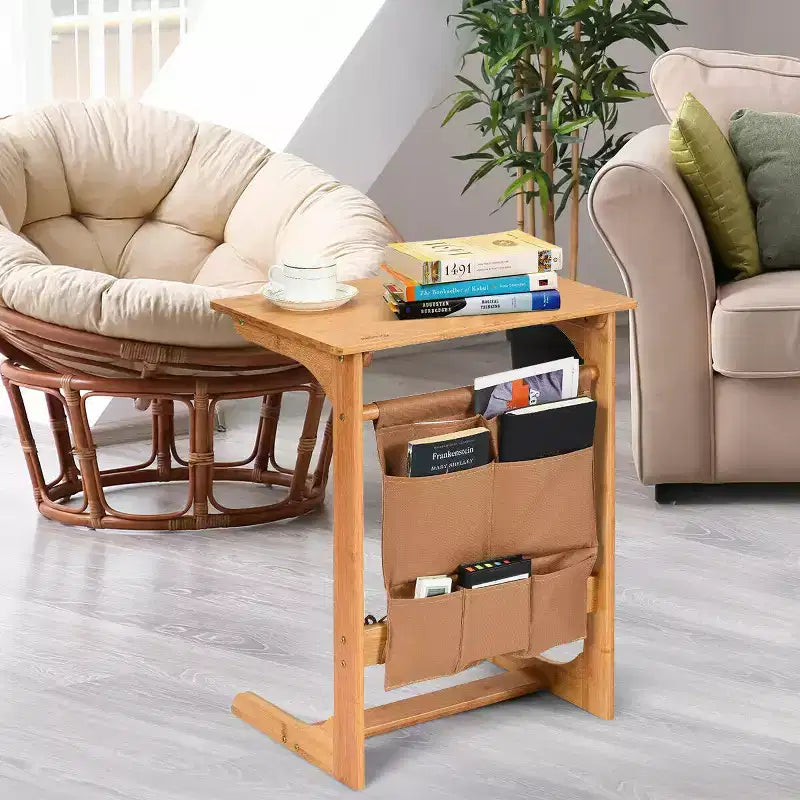Costway Table d'appoint canapé en bambou, bureau d'ordinateur portable, table basse de collation, table de chevet avec sac de rangement