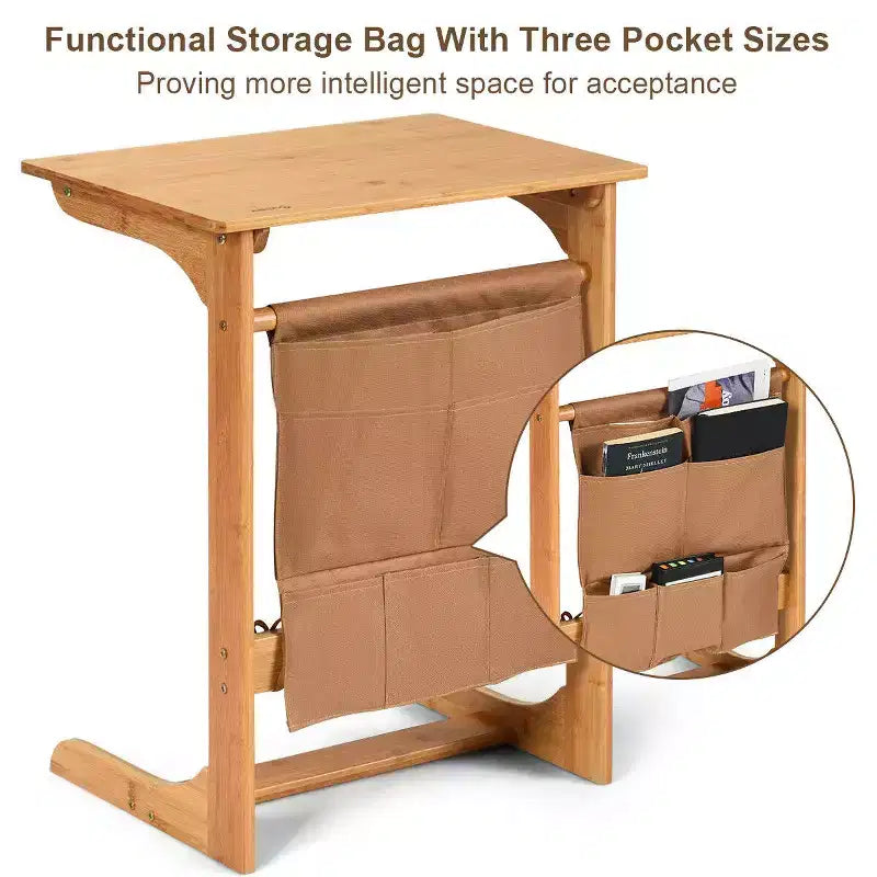 Costway Table d'appoint canapé en bambou, bureau d'ordinateur portable, table basse de collation, table de chevet avec sac de rangement