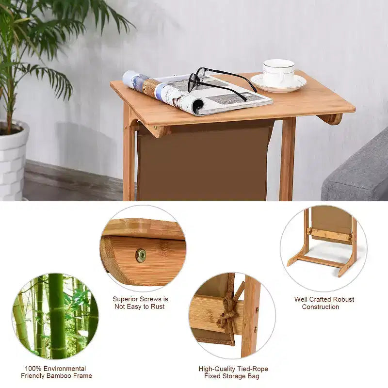 Costway Table d'appoint canapé en bambou, bureau d'ordinateur portable, table basse de collation, table de chevet avec sac de rangement