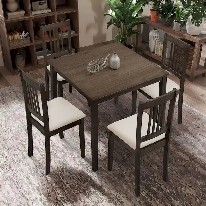 Ensemble Table et Chaises de Salle à Manger Carrée en Bois, Table à Manger Décontractée avec 4 Chaises de Salle à Manger Rembourrées pour Coin Repas de Cuisine