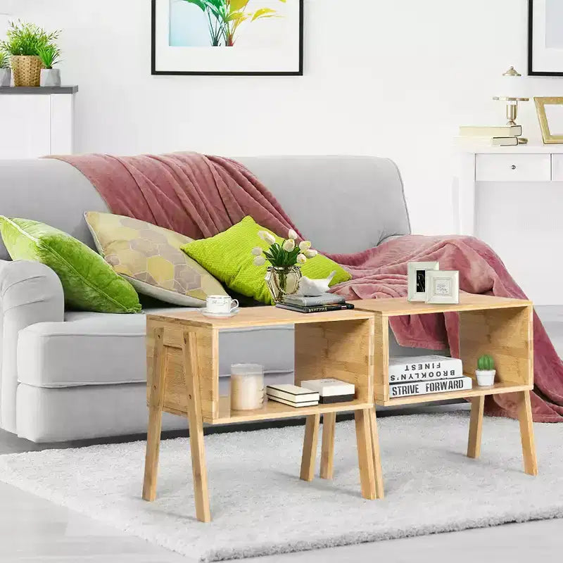 Costway Lot de 2 tables de chevet en bambou, table d'appoint empilable pour canapé avec étagère de rangement