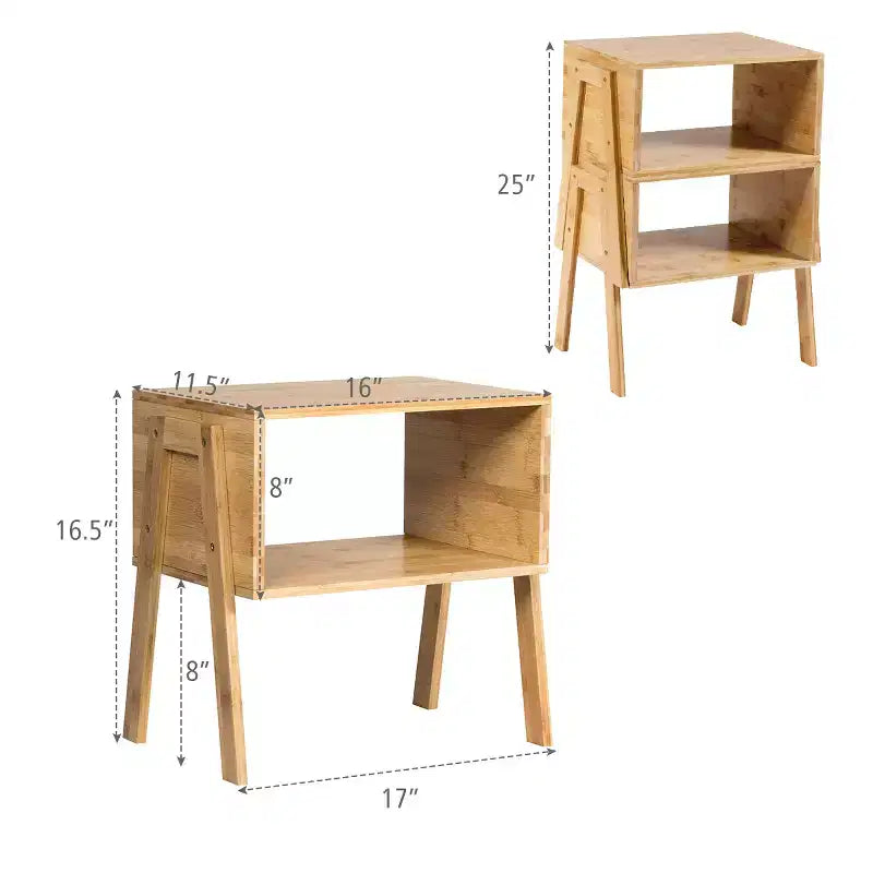 Costway Lot de 2 tables de chevet en bambou, table d'appoint empilable pour canapé avec étagère de rangement