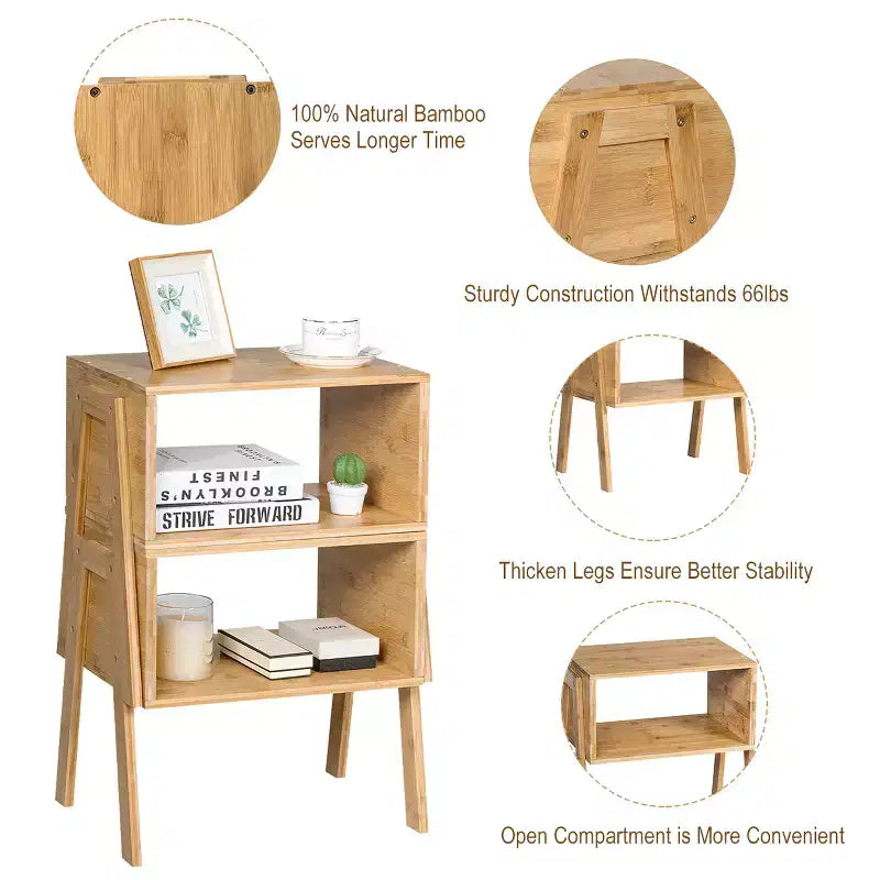 Costway Lot de 2 tables de chevet en bambou, table d'appoint empilable pour canapé avec étagère de rangement