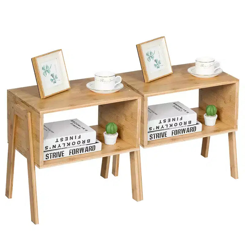 Costway Lot de 2 tables de chevet en bambou, table d'appoint empilable pour canapé avec étagère de rangement