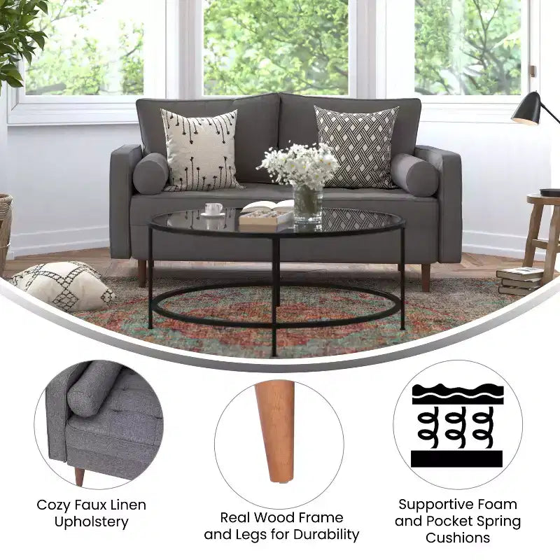 Canapé deux places Flash Furniture Hudson, style moderne du milieu du siècle, avec revêtement capitonné et pieds en bois massif