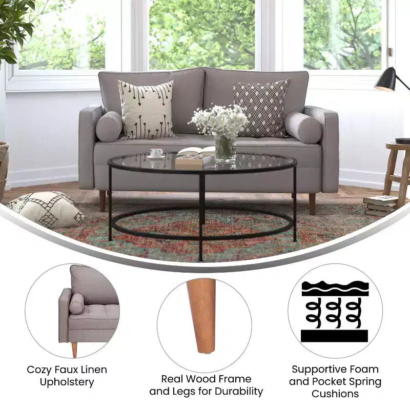 Canapé deux places Flash Furniture Hudson, style moderne du milieu du siècle, avec revêtement capitonné et pieds en bois massif