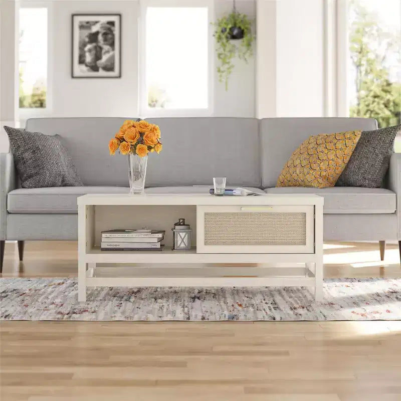 Table basse Lennon Ameriwood Home, chêne ivoire et rotin synthétique