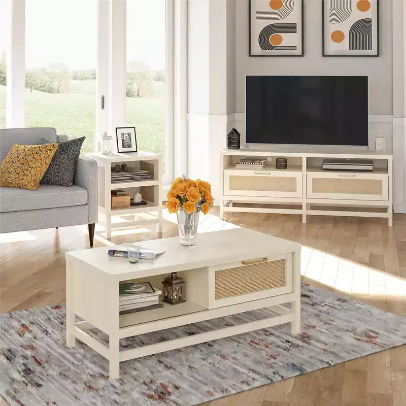 Table basse Lennon Ameriwood Home, chêne ivoire et rotin synthétique
