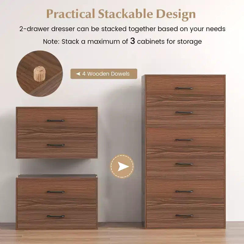 Commode Costway à 2 tiroirs, Organiseur de rangement horizontal empilable avec poignées, Blanc/Noyer/Noir