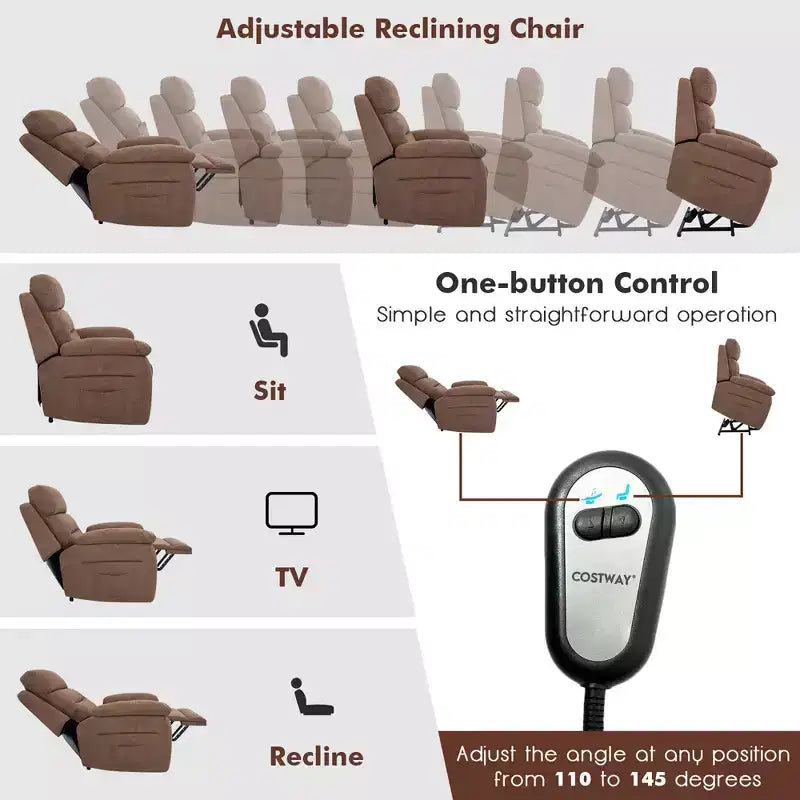 Fauteuil inclinable électrique Costway pour personnes âgées avec poche latérale et télécommande Gris/Marron