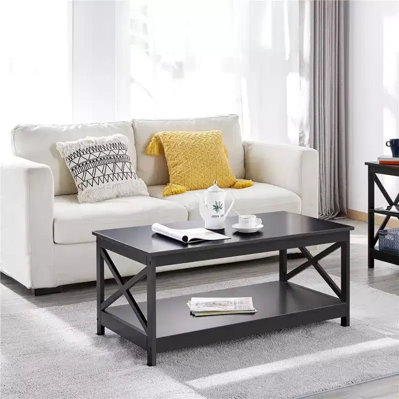 Table basse en bois Yaheetech à 2 niveaux avec étagère de rangement pour salon