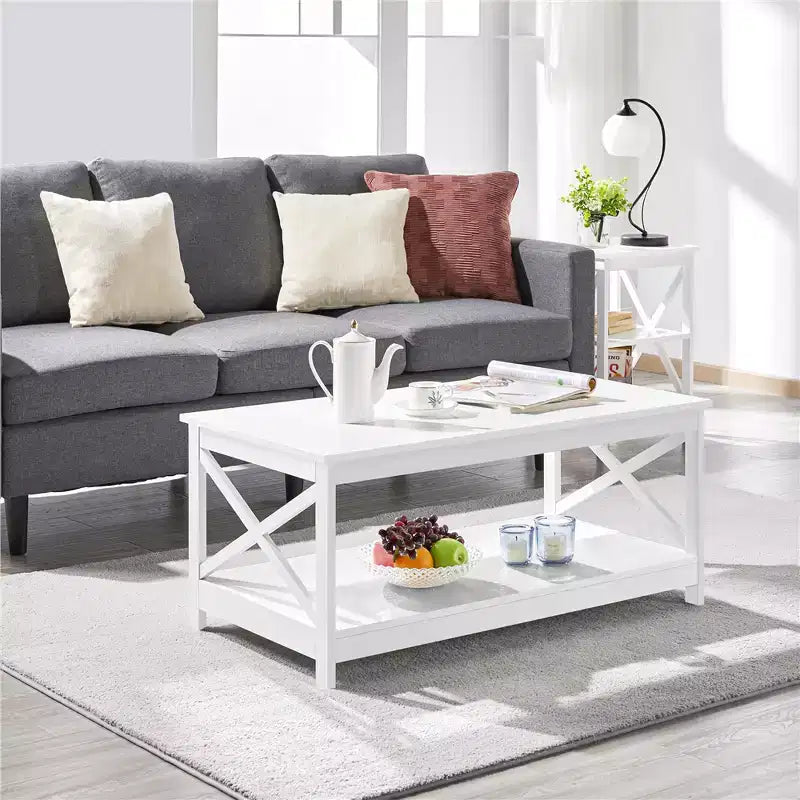 Table basse en bois Yaheetech à 2 niveaux avec étagère de rangement pour salon