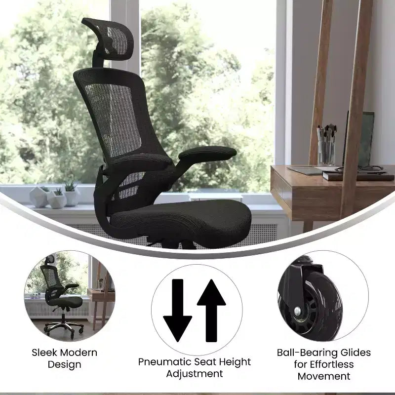 Chaise de bureau ergonomique de direction pivotante en maille noire à dossier haut Flash Furniture Kelista avec accoudoirs relevables et roulettes transparentes
