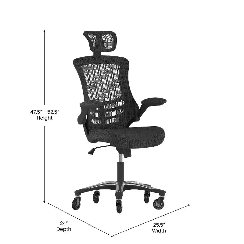 Chaise de bureau ergonomique de direction pivotante en maille noire à dossier haut Flash Furniture Kelista avec accoudoirs relevables et roulettes transparentes