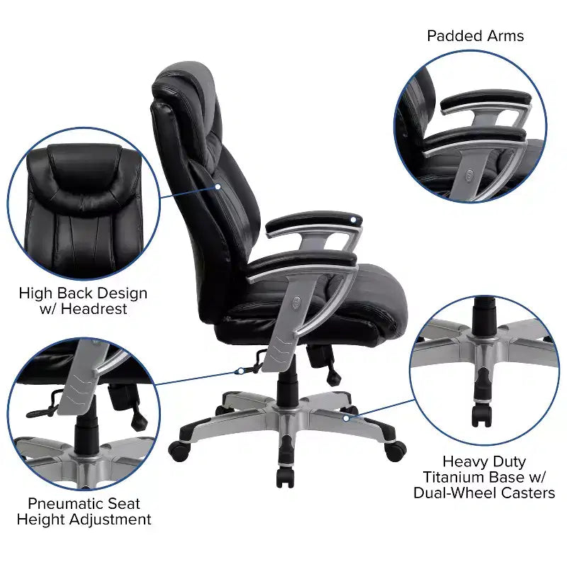 Chaise de bureau ergonomique à dossier haut Emma and Oliver 400 lb. Grande taille, accoudoirs réglables argentés