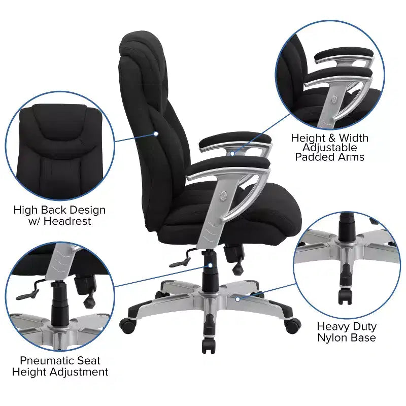 Chaise de bureau ergonomique à dossier haut Emma and Oliver 400 lb. Grande taille, accoudoirs réglables argentés