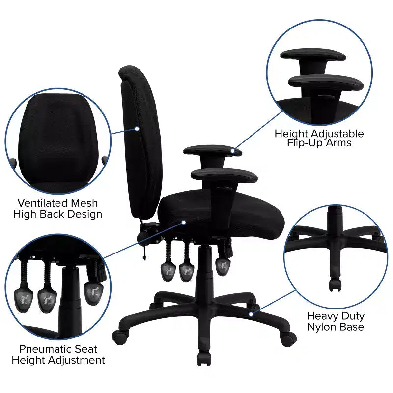 Chaise de bureau pivotante ergonomique Emma et Oliver à dossier haut en tissu avec 3 manettes et bras réglables