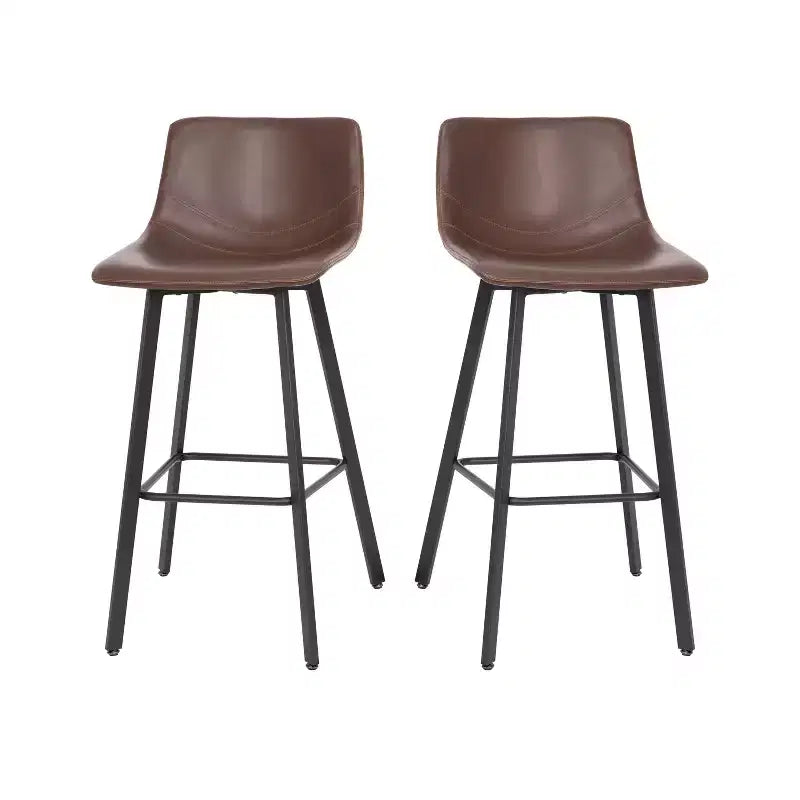 Merrick Lane Set of 2 Modern Upholstered Stools with Contoured, Low Back Bucket Seats and Iron Frames