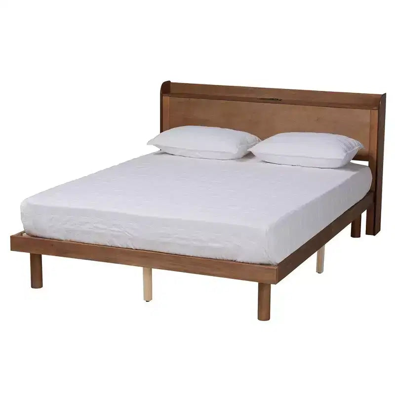 Decker Wood Platform Bed with Charging Station Walnut Brown - Baxton Studio