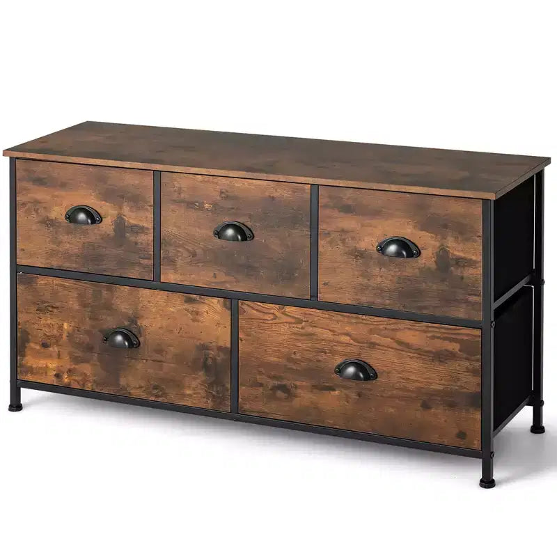 Costway Tour de rangement à 5 tiroirs en tissu avec plateau en bois, commode, organiseur, marron rustique