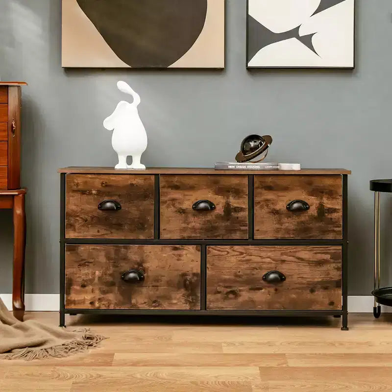 Costway Tour de rangement à 5 tiroirs en tissu avec plateau en bois, commode, organiseur, marron rustique