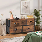 Costway Tour de rangement à 5 tiroirs en tissu avec plateau en bois, commode, organiseur, marron rustique