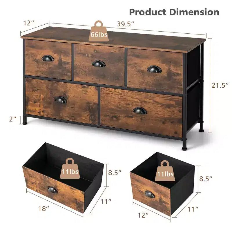 Costway Tour de rangement à 5 tiroirs en tissu avec plateau en bois, commode, organiseur, marron rustique